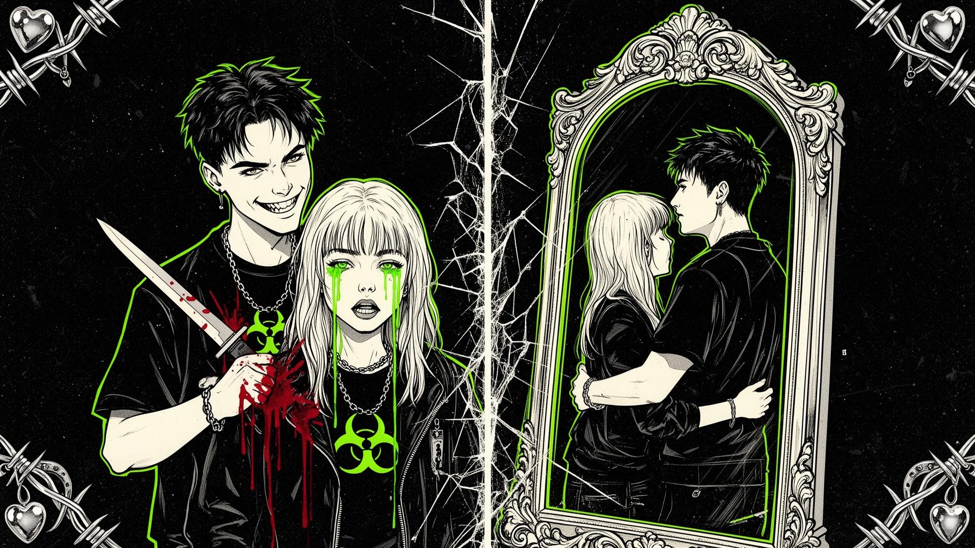 Couple at a mirror — the truth on one side, the lie on the other